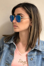 Women's Blue Premium Silver Frame Polygonal Sunglasses S6078C