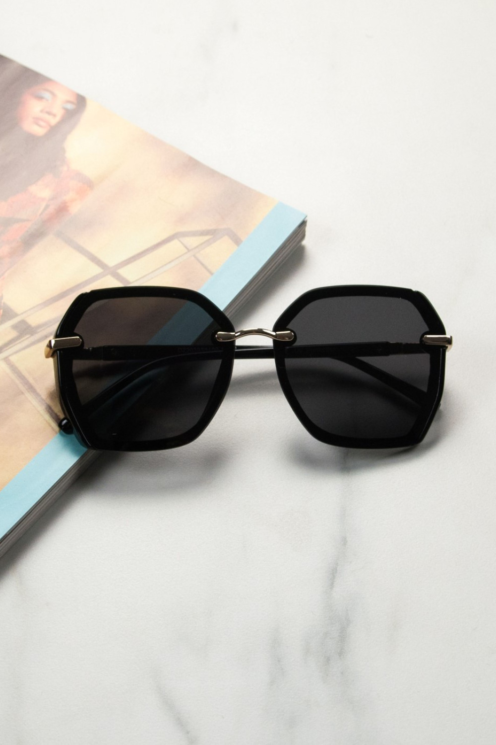 Women's Black Premium S1100L Polygonal Sunglasses with Bone Frame