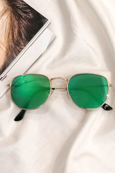 Women's Green Polygonal Mirror Sunglasses with Gold Frame Luxury LS3065P