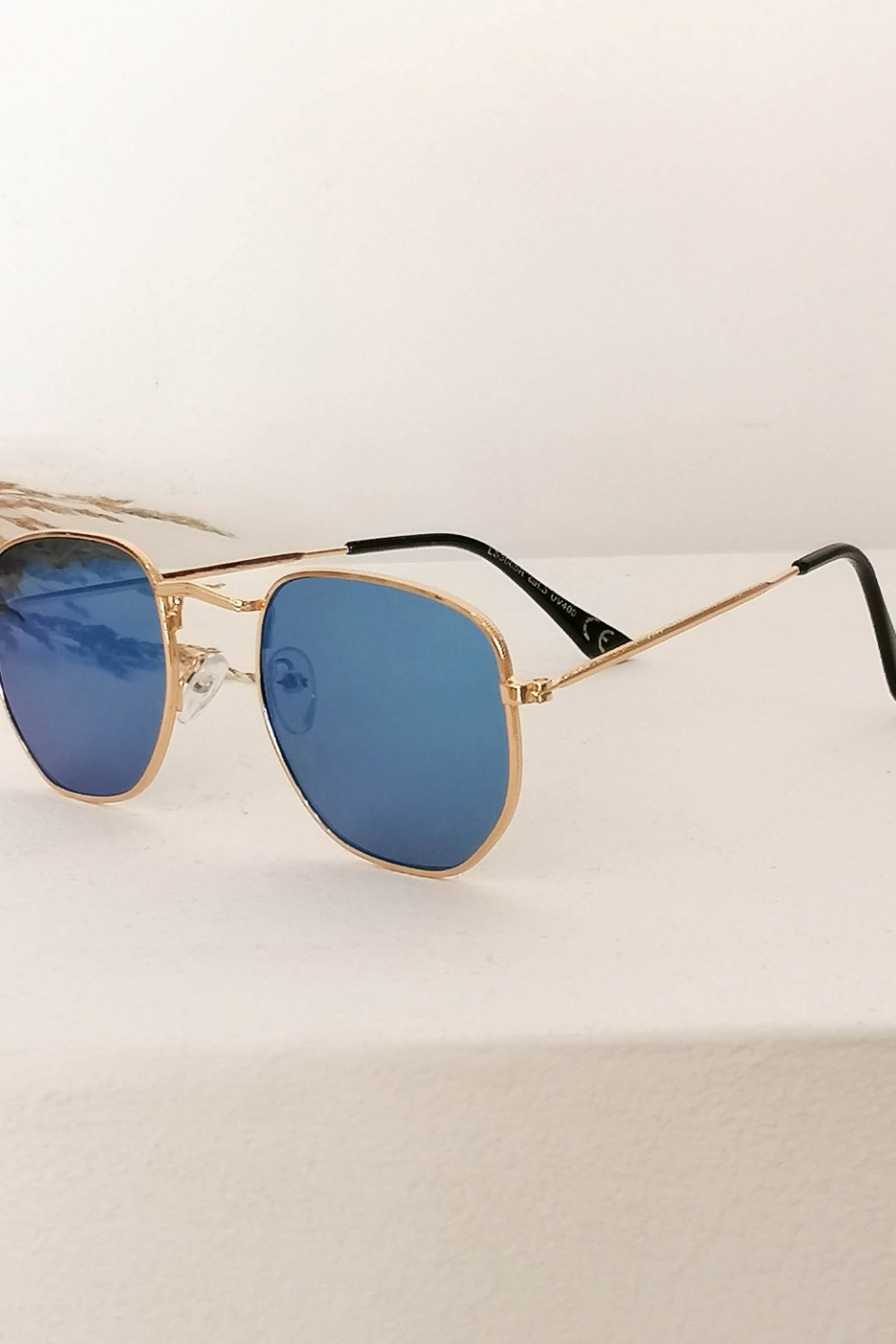 Women's blue polygon mirror sunglasses with gold frame Luxury LS3065
