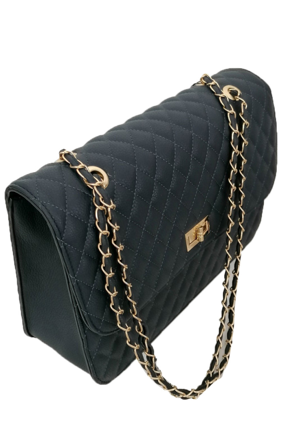 Γυναικεία μαύρη καπιτονέ τσάντα ώμου με αλυσίδα χρυσή 060261