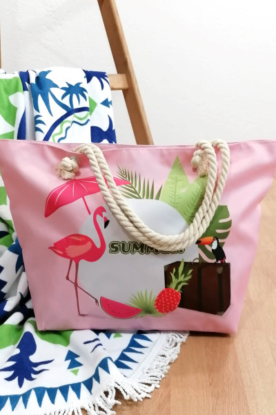 Γυναικεία ροζ τσάντα θαλάσσης με τύπωμα 213018F